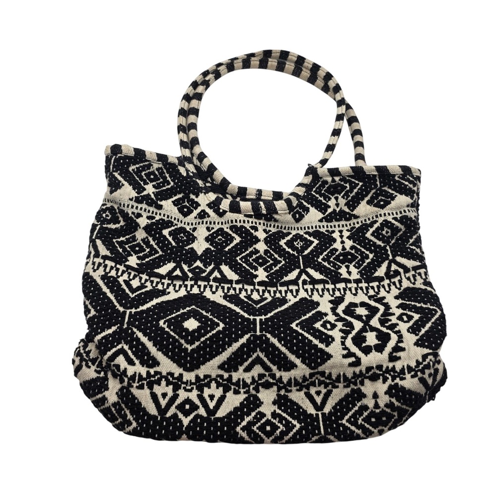 Woven Tribal Geometric Tote Bag Black White Striped Handles Made in India O5